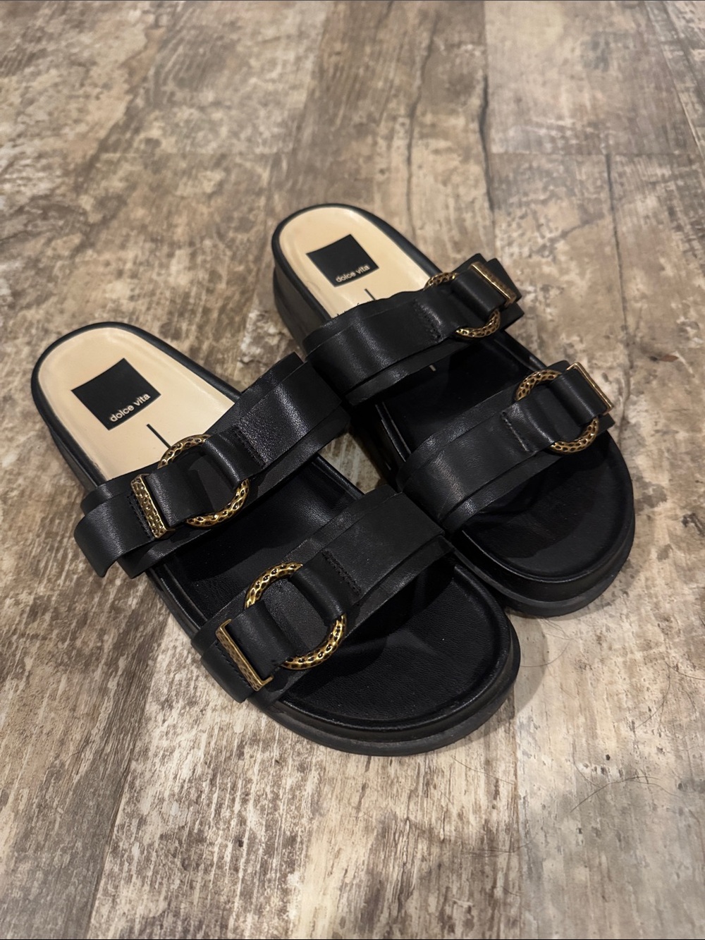 Dolce Vita Black Sandals with Gold Details